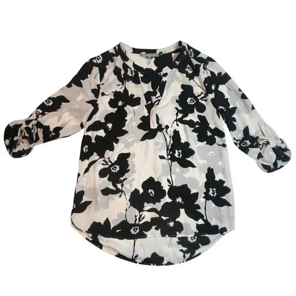 Daniel Rainn Blouse Women Petite Medium White Black Floral High Low Sheer Tunic - Picture 5 of 9